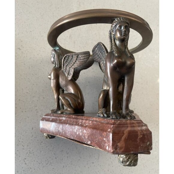 Winged Sphinx Egyptian Bronze Brass Statue Rare Marble Candle Holder Sculpture - Picture 1 of 16